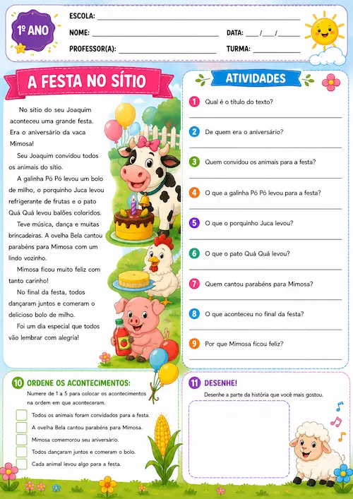 Atividade de interpretação de texto para o 1º ano